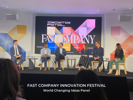 Aaron Tartakovsky on stage with Morgan Clendaniel, Vijay Karunamurthy, Carly Tatum, Mads Twomey-Madsen, Mary Yap at Fast Co Innovation Festival