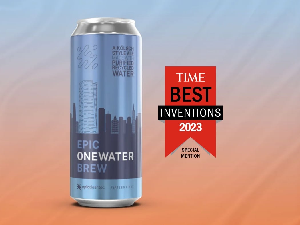 Epic OneWater Brew 16oz can with TIME Best Invention 2023 Special Mention ribbon