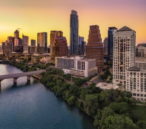 An image of Austin, Texas city skyline at sunset