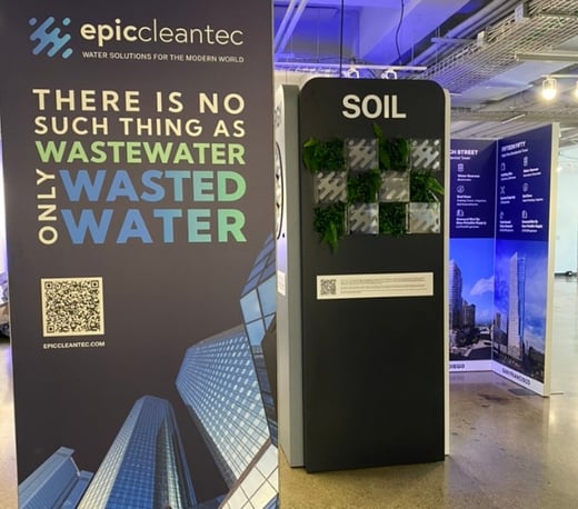 Image of Epic Cleantec booth walls and center column showcasing soil product